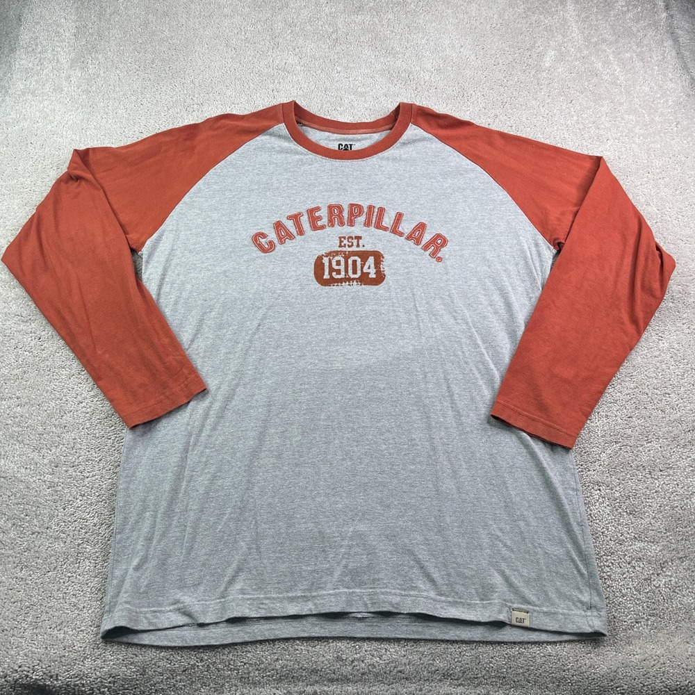 Caterpillar CAT Shirt Mens 2XL Gray Orange Raglan Long Sleeve Embroidered Logo